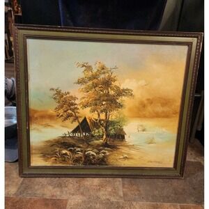 Vintage‎ Original Oil On Canvas Painting Cabin On Lake STUNNING Landscape Signed